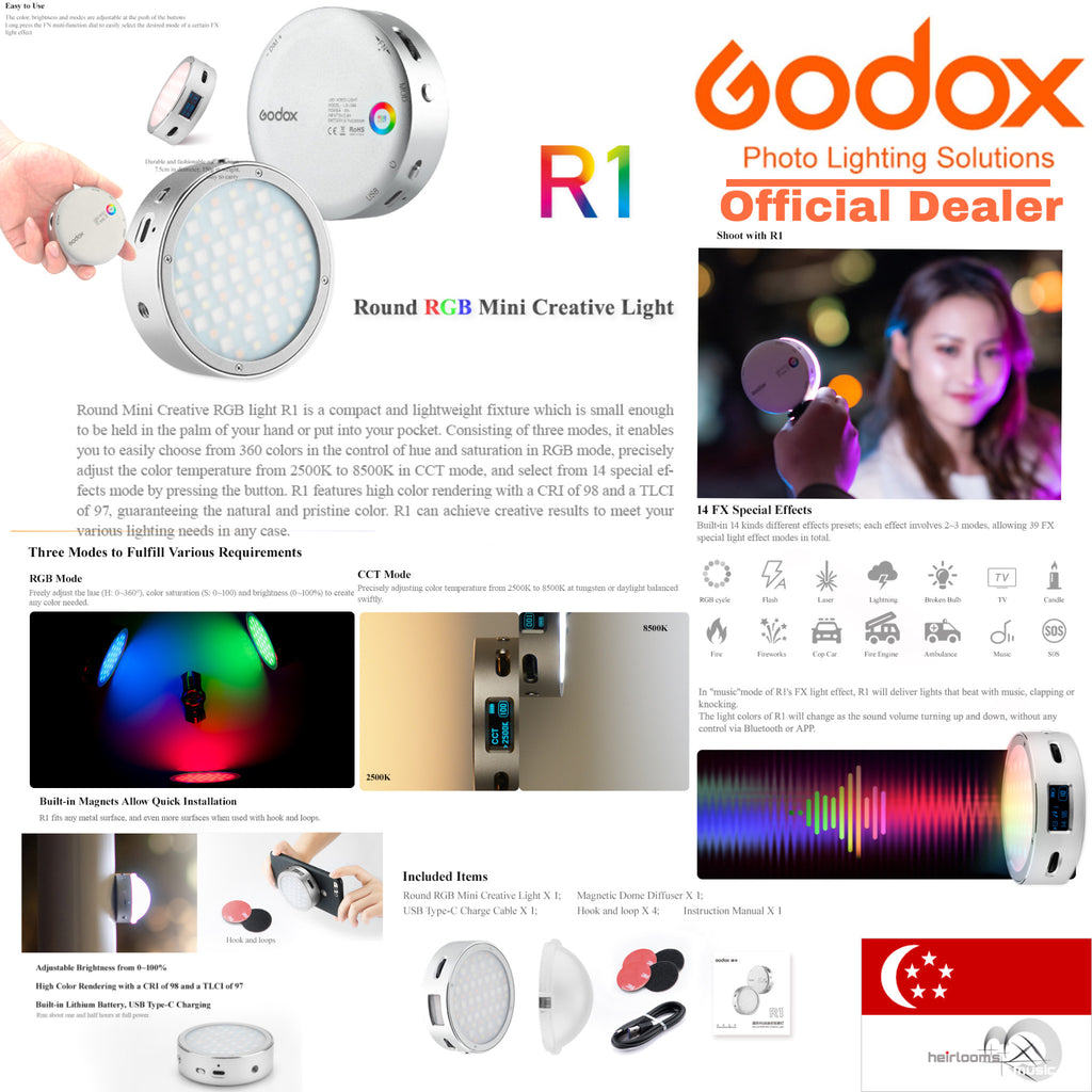 Godox R1 Led Godox R1 Round Mini RGB LED Mini Creative Light - Heirlooms Music Pte. Ltd.